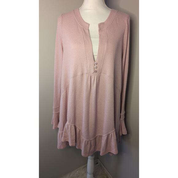 Free People Tops - Free People Pink Waffle Knit Ruffle Hem Henley Tunic